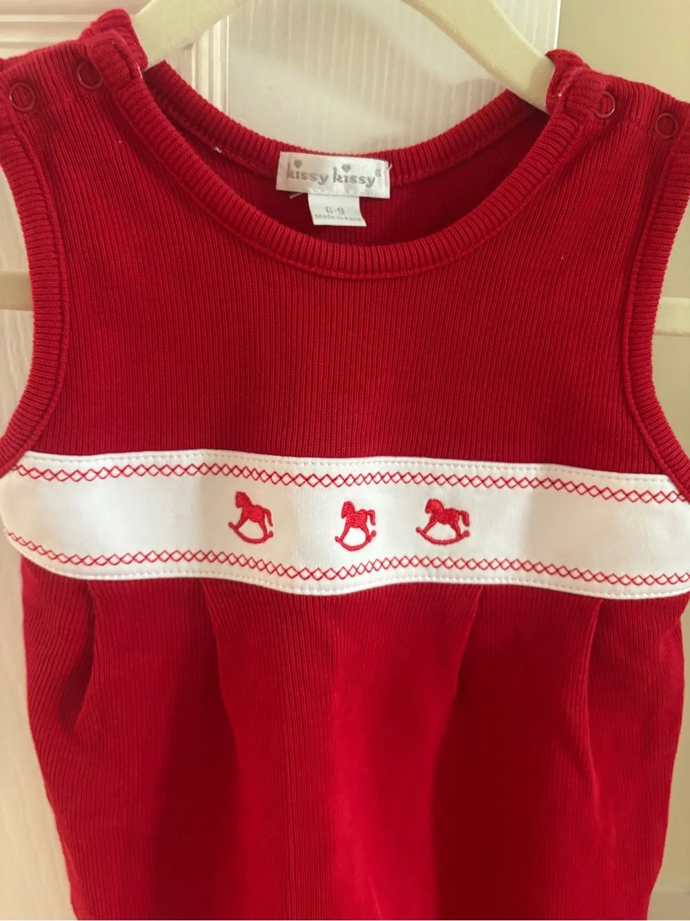 Kissy Kissy Red Baby Romper with Rocking Horse Trim